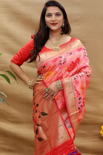 Pink patola silk blend saree with bird motif paithani pallu and zari border
