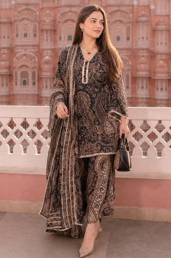 Black cotton paisley style floral printed short kurta set with dupatta
