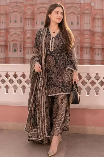 Black cotton paisley style floral printed short kurta set with dupatta