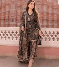 Black cotton paisley style floral printed short kurta set with dupatta