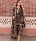 Black cotton paisley style floral printed short kurta set with dupatta