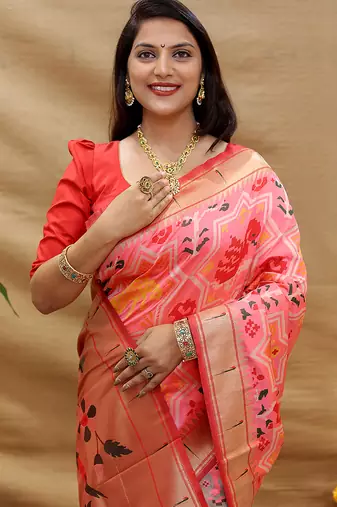 Pink patola silk blend saree with bird motif paithani pallu and zari border