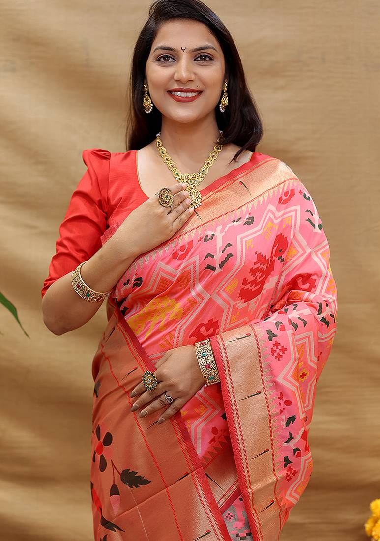 Pink patola silk blend saree with bird motif paithani pallu and zari border