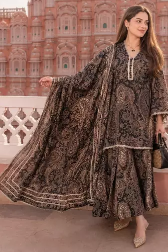 Black cotton paisley style floral printed short kurta set with dupatta