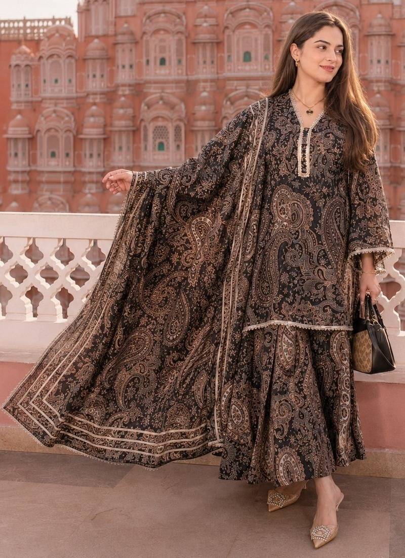 Black cotton paisley style floral printed short kurta set with dupatta