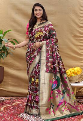 Maroon patola silk blend saree with bird motif paithani pallu and zari border 1