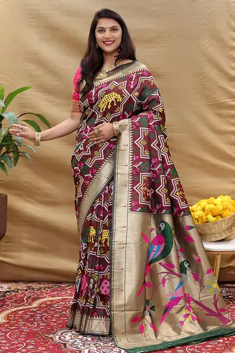 Maroon patola silk blend saree with bird motif paithani pallu and zari border