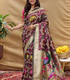 Maroon patola silk blend saree with bird motif paithani pallu and zari border