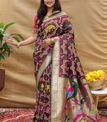 Maroon patola silk blend saree with bird motif paithani pallu and zari border