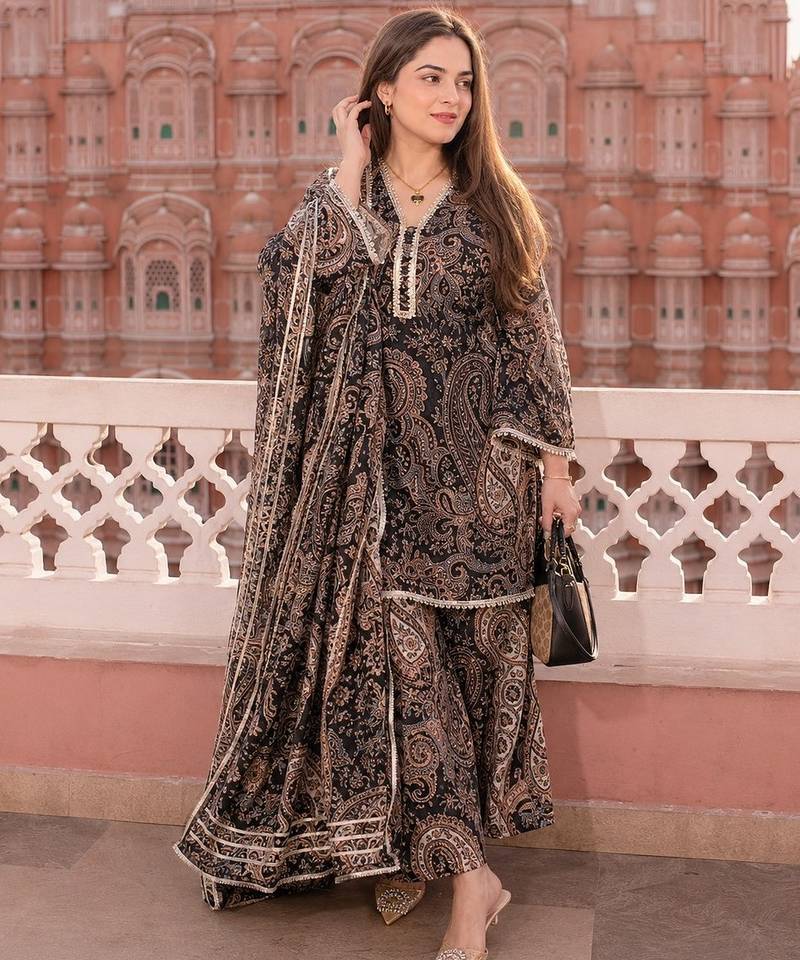 Black cotton paisley style floral printed short kurta set with dupatta