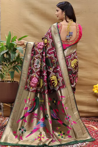Maroon patola silk blend saree with bird motif paithani pallu and zari border