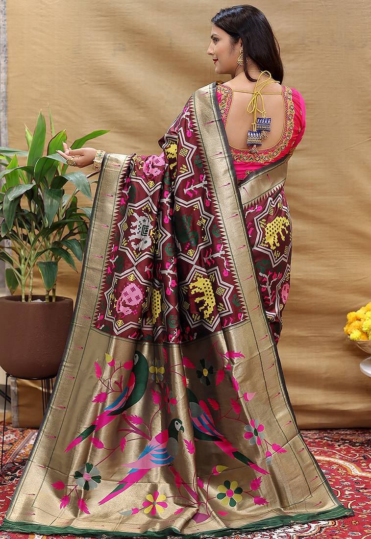 Maroon patola silk blend saree with bird motif paithani pallu and zari border