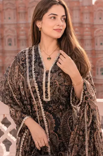 Black cotton paisley style floral printed short kurta set with dupatta