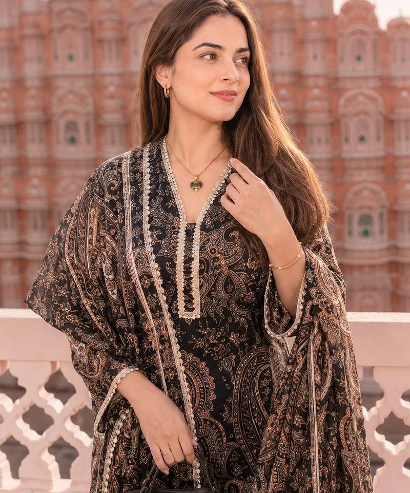 Black cotton paisley style floral printed short kurta set with dupatta