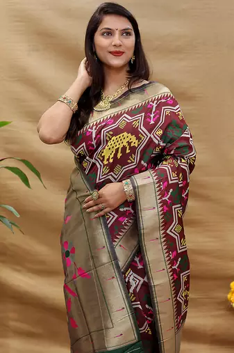 Maroon patola silk blend saree with bird motif paithani pallu and zari border
