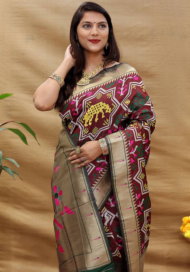 Maroon patola silk blend saree with bird motif paithani pallu and zari border