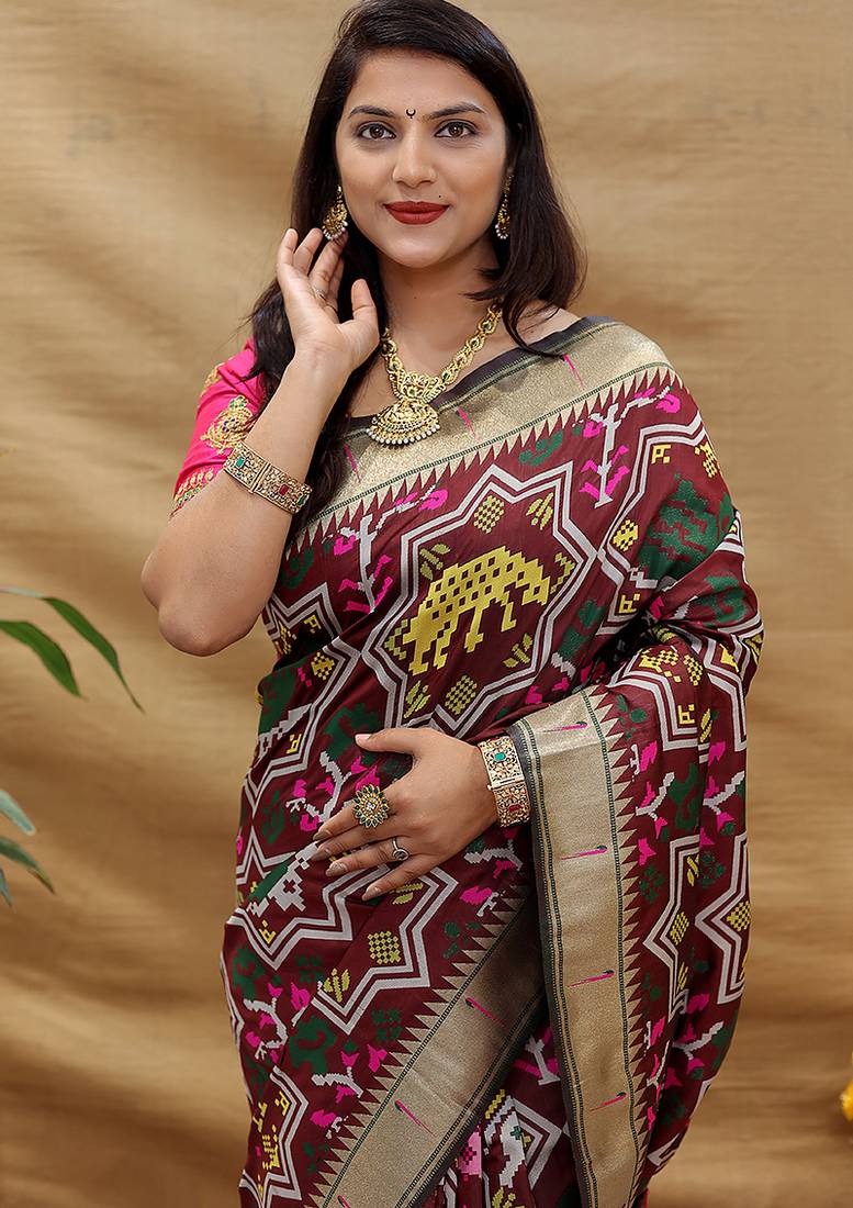 Maroon patola silk blend saree with bird motif paithani pallu and zari border