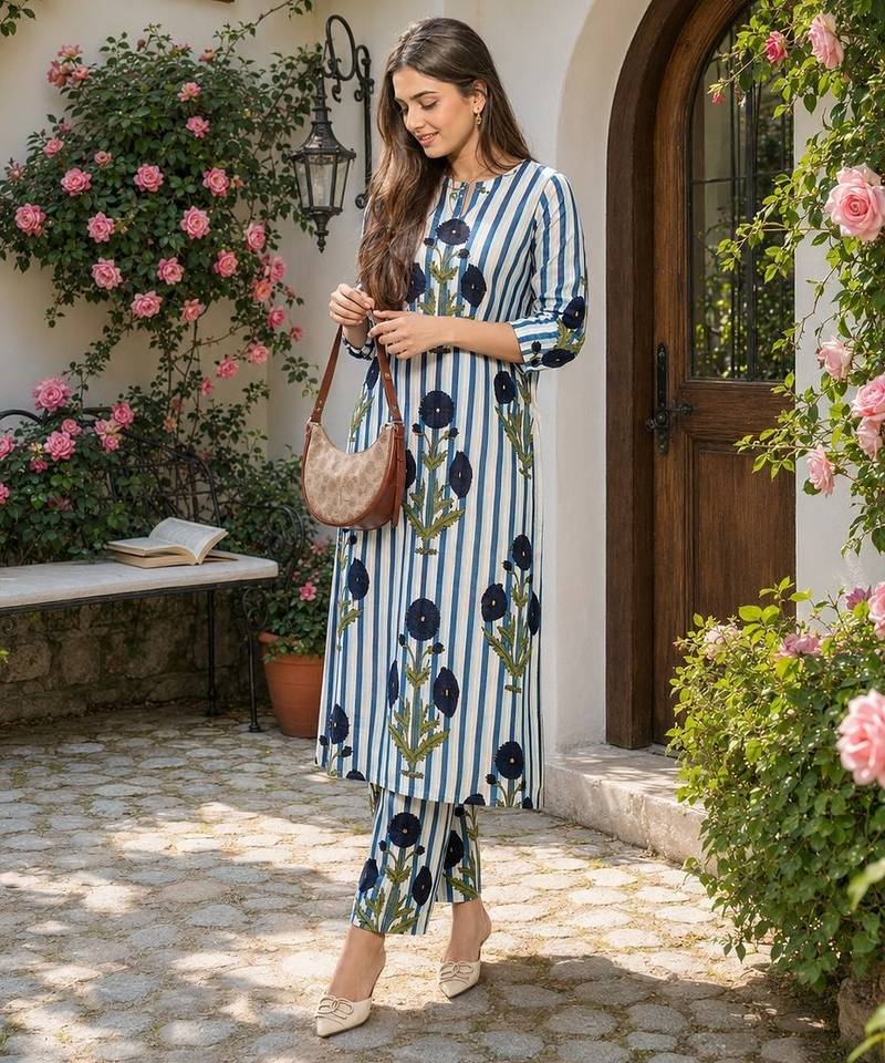 Blue cotton stripes & floral printed straight kurta set for women