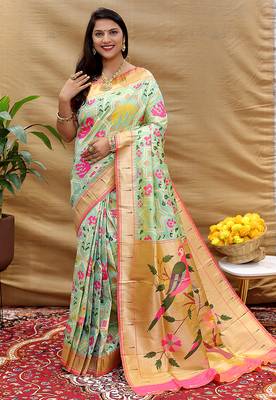 Mint green patola silk blend saree with bird motif paithani pallu and zari border 1