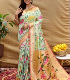 Mint green patola silk blend saree with bird motif paithani pallu and zari border