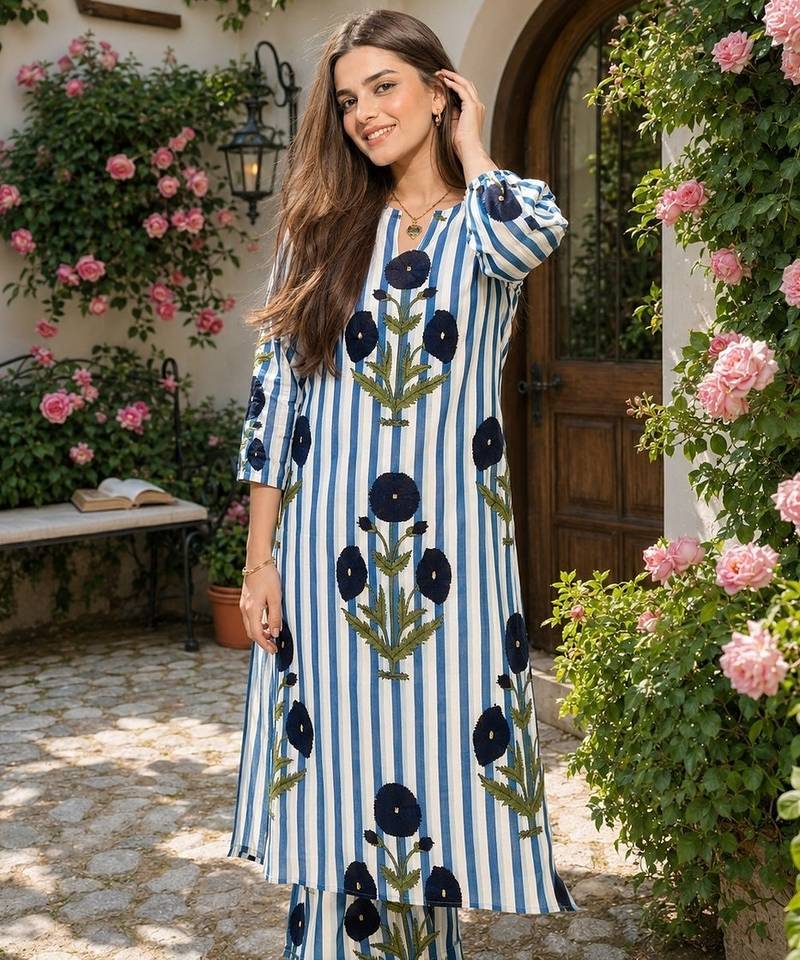 Blue cotton stripes & floral printed straight kurta set for women