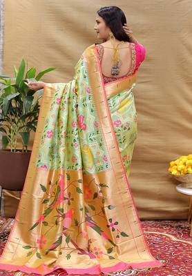 Mint green patola silk blend saree with bird motif paithani pallu and zari border 2