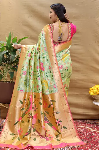 Mint green patola silk blend saree with bird motif paithani pallu and zari border