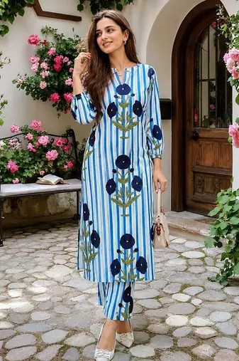 Blue cotton stripes & floral printed straight kurta set for women