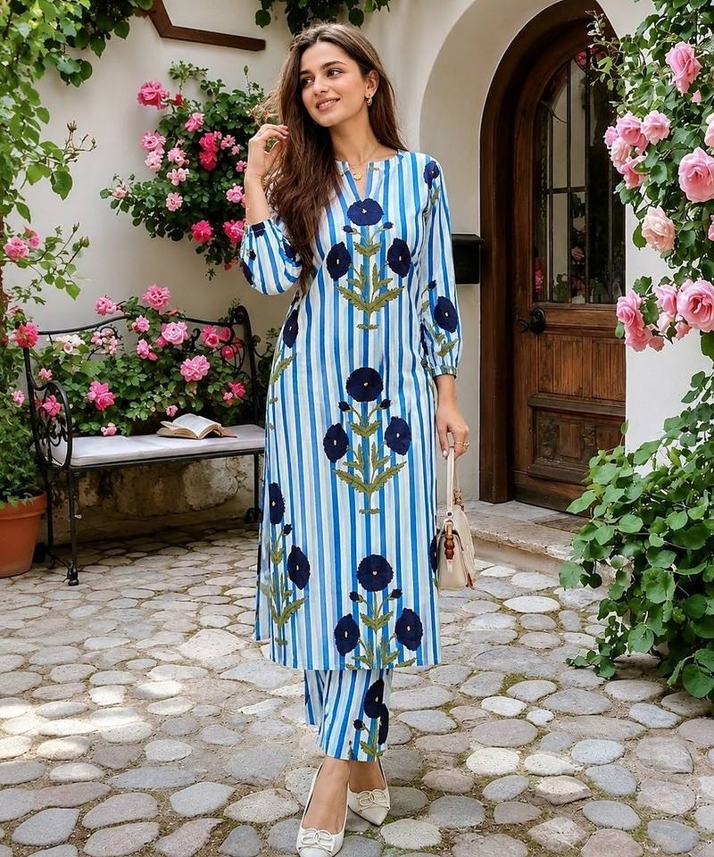 Blue cotton stripes & floral printed straight kurta set for women