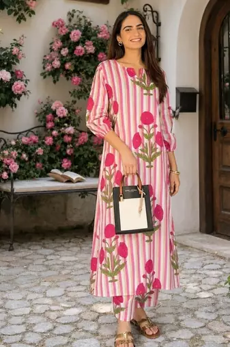 Pink cotton stripes & floral printed straight kurta set for women