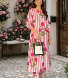 Pink cotton stripes & floral printed straight kurta set for women