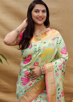 Mint green patola silk blend saree with bird motif paithani pallu and zari border 4