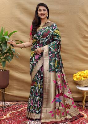 Dark green patola silk blend saree with bird motif paithani pallu and zari border 1