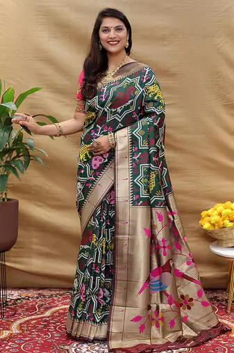 Dark green patola silk blend saree with bird motif paithani pallu and zari border