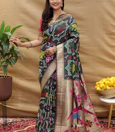 Dark green patola silk blend saree with bird motif paithani pallu and zari border