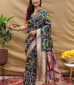 Dark green patola silk blend saree with bird motif paithani pallu and zari border