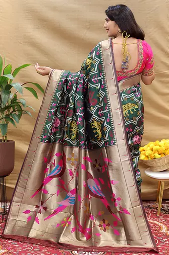 Dark green patola silk blend saree with bird motif paithani pallu and zari border