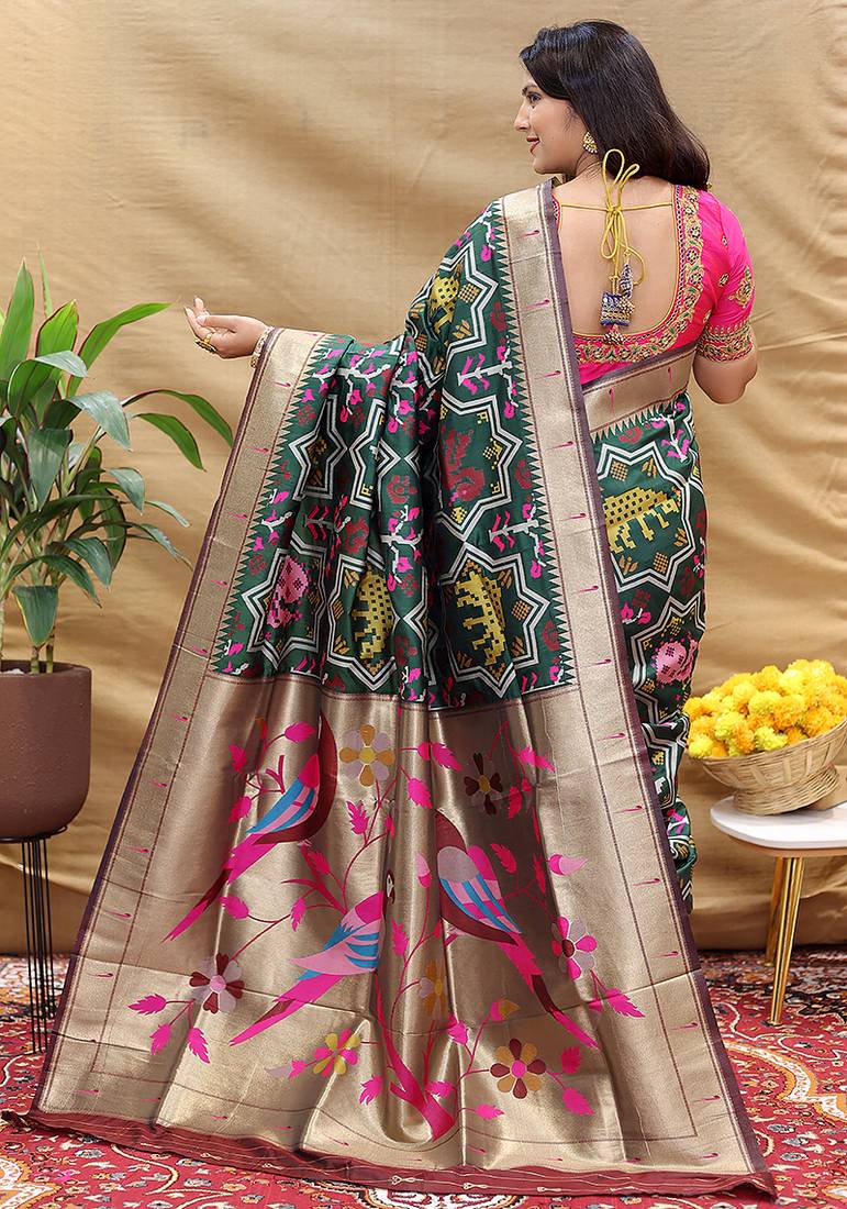 Dark green patola silk blend saree with bird motif paithani pallu and zari border