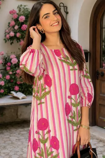Pink cotton stripes & floral printed straight kurta set for women