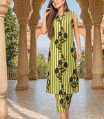 Green cotton stripes & floral printed straight kurta set for women
