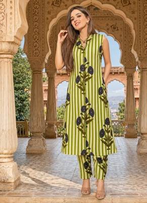Green cotton stripes & floral printed straight kurta set for women 2