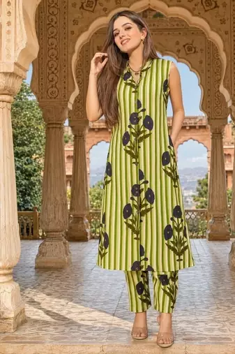 Green cotton stripes & floral printed straight kurta set for women