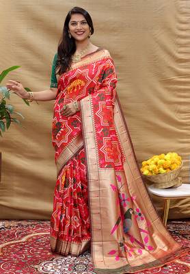 Red patola silk blend saree with bird motif paithani pallu and zari border 1
