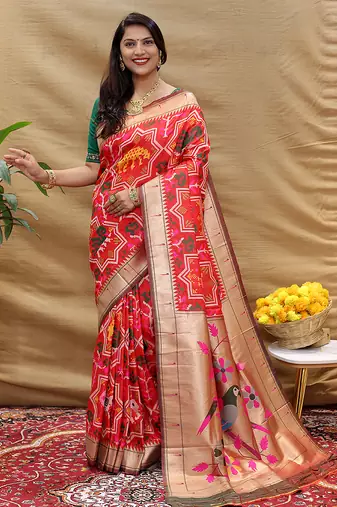 Red patola silk blend saree with bird motif paithani pallu and zari border
