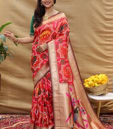 Red patola silk blend saree with bird motif paithani pallu and zari border
