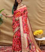 Red patola silk blend saree with bird motif paithani pallu and zari border