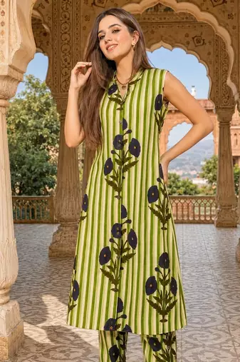 Green cotton stripes & floral printed straight kurta set for women