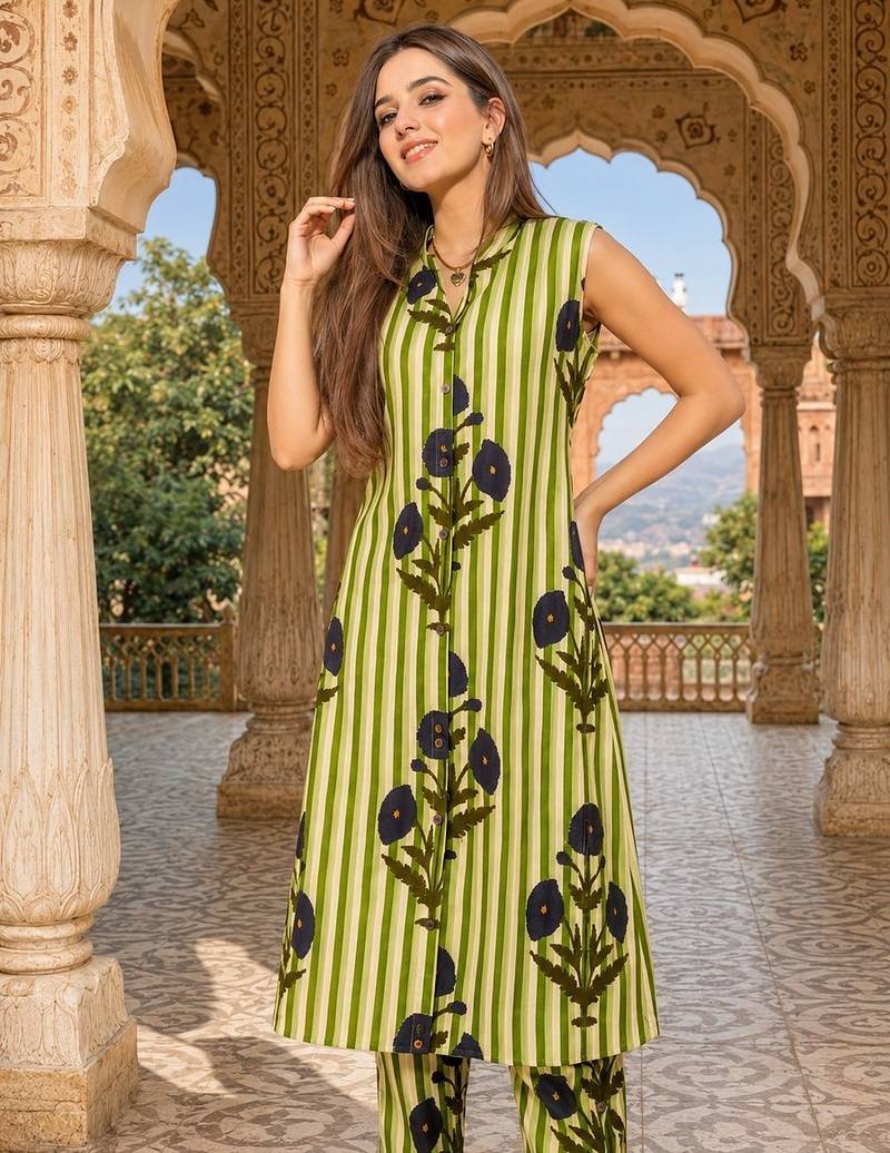 Green cotton stripes & floral printed straight kurta set for women