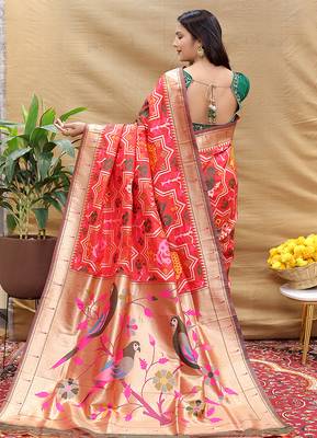 Red patola silk blend saree with bird motif paithani pallu and zari border 2