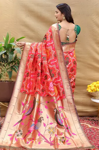 Red patola silk blend saree with bird motif paithani pallu and zari border